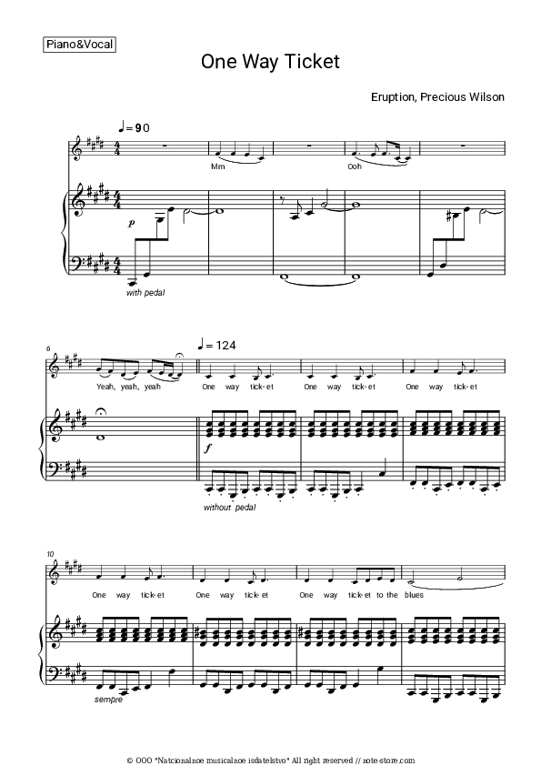 One Way Ticket - Eruption, Precious Wilson Piano Sheet Music with the Voice part - Piano&Vocal