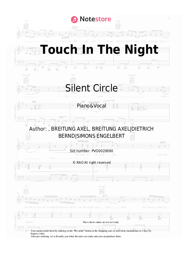 Touch In The Night - Silent Circle Piano Sheet Music with the Voice part - Piano&Vocal