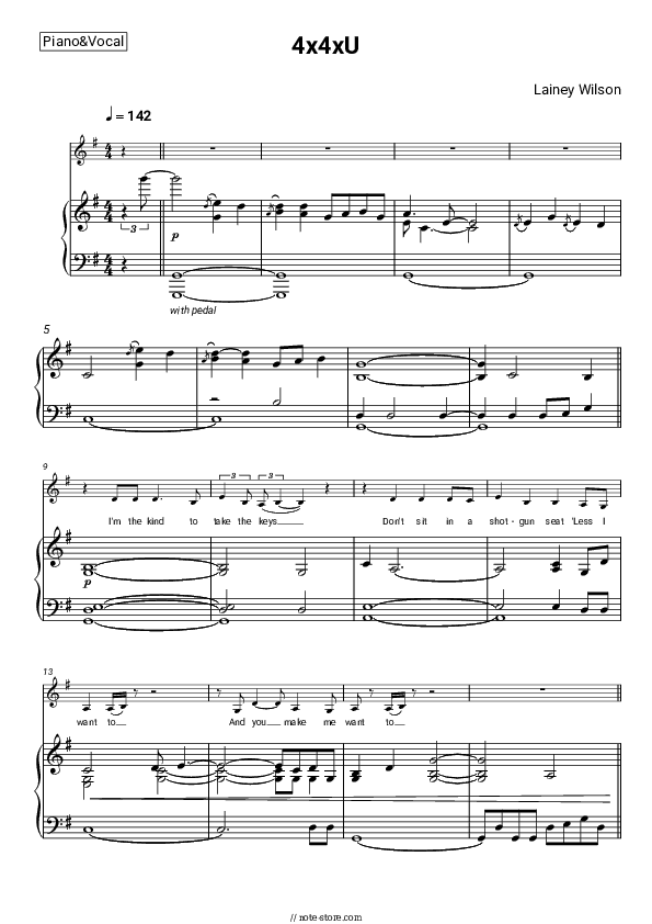 4x4xU - Lainey Wilson Piano Sheet Music with the Voice part - Piano&Vocal