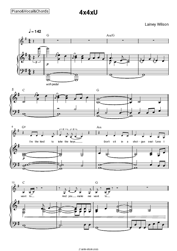 4x4xU - Lainey Wilson Piano Sheet Music with the Vocal and Chords - Piano&Vocal&Chords