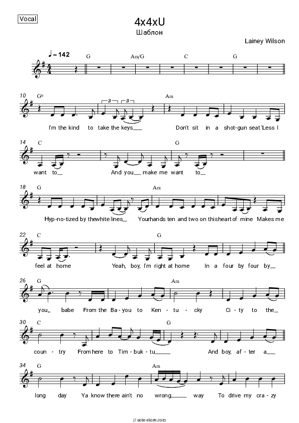 4x4xU - Lainey Wilson Vocal Sheet Music - Vocal