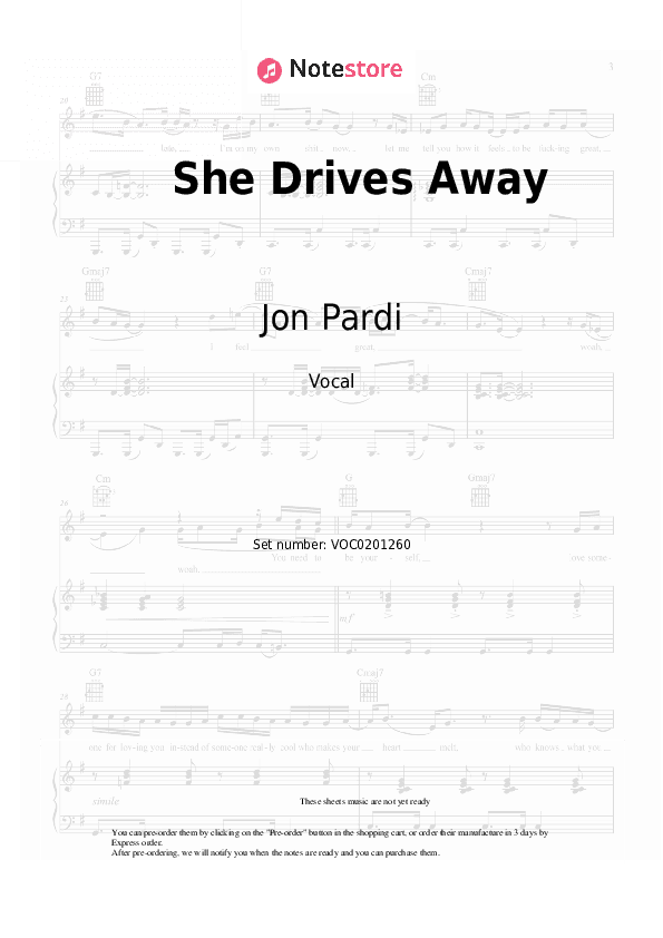 She Drives Away - Jon Pardi Vocal Sheet Music - Vocal