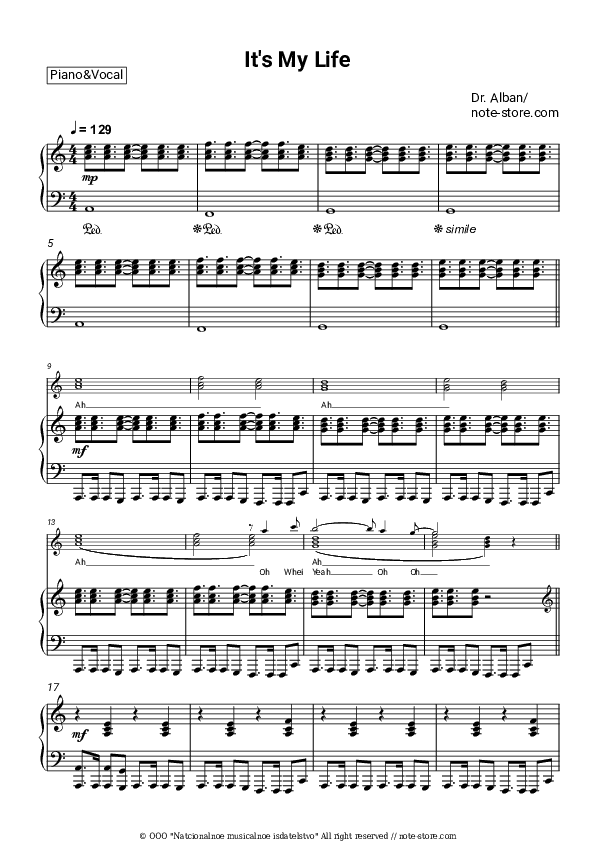 It's My Life - Dr. Alban Piano Sheet Music with the Voice part - Piano&Vocal