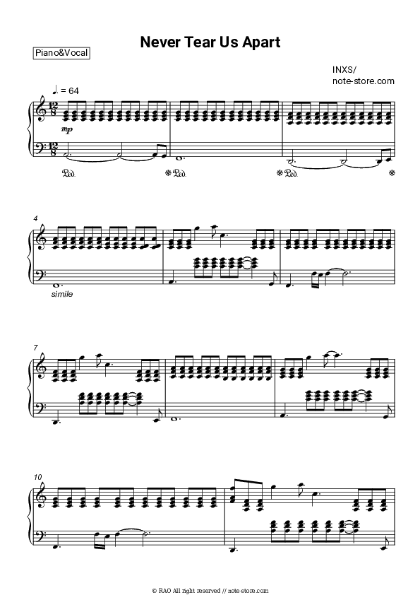 Never Tear Us Apart - INXS Piano Sheet Music with the Voice part - Piano&Vocal