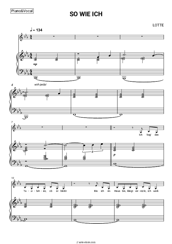 SO WIE ICH - LOTTE Piano Sheet Music with the Voice part - Piano&Vocal