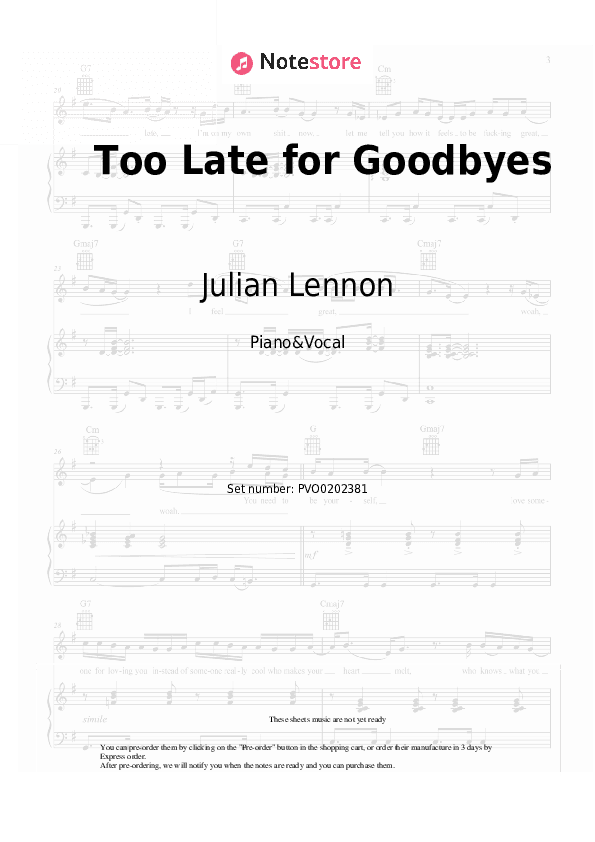 Too Late for Goodbyes - Julian Lennon Piano Sheet Music with the Voice part - Piano&Vocal