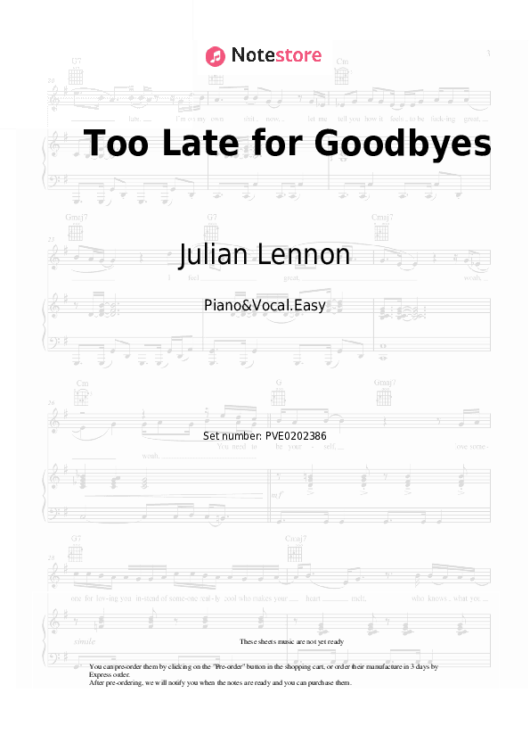 Too Late for Goodbyes - Julian Lennon Piano Sheet Music Easy and Vocal - Piano&Vocal.Easy