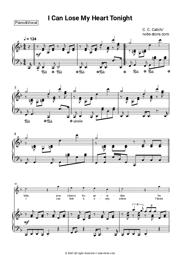 I Can Lose My Heart Tonight - C. C. Catch Piano Sheet Music with the Voice part - Piano&Vocal