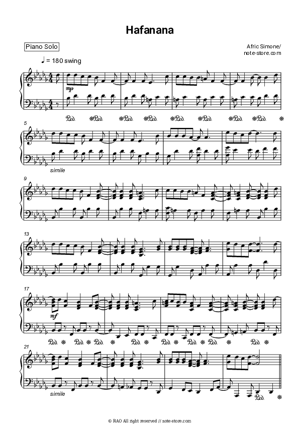 Hafanana - Afric Simone Piano Sheet Music - Piano.Solo