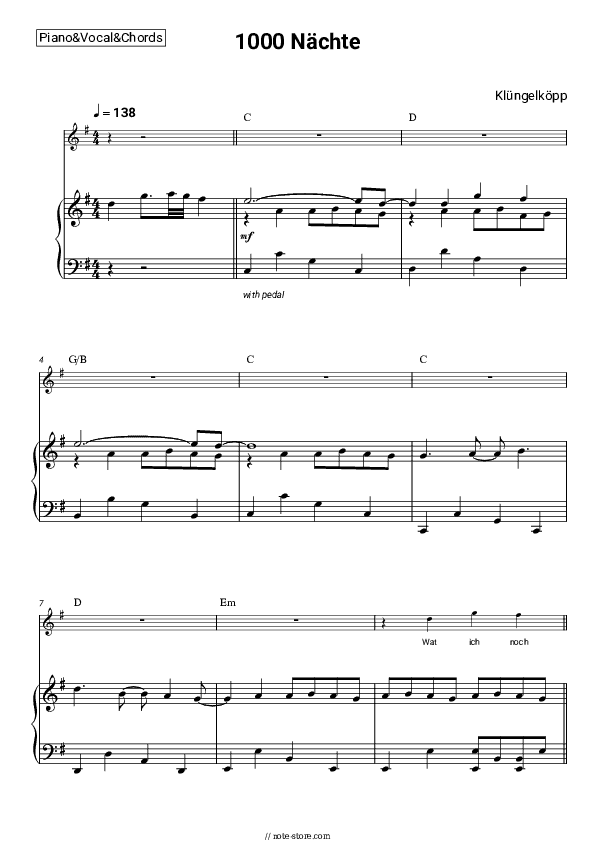 1000 Nächte - Klüngelköpp Piano Sheet Music with the Vocal and Chords - Piano&Vocal&Chords