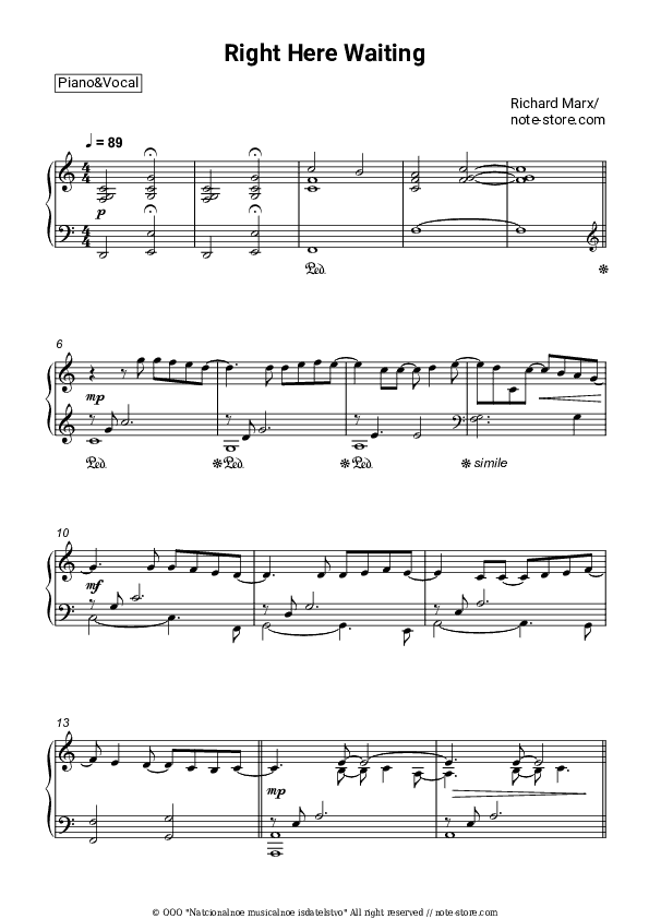 Right Here Waiting - Richard Marx Piano Sheet Music with the Voice part - Piano&Vocal