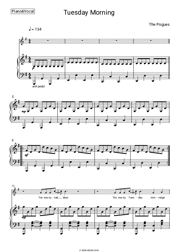 Tuesday Morning - The Pogues Piano Sheet Music with the Voice part - Piano&Vocal