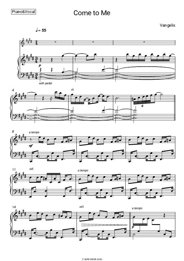 Come to Me - Vangelis Piano Sheet Music with the Voice part - Piano&Vocal