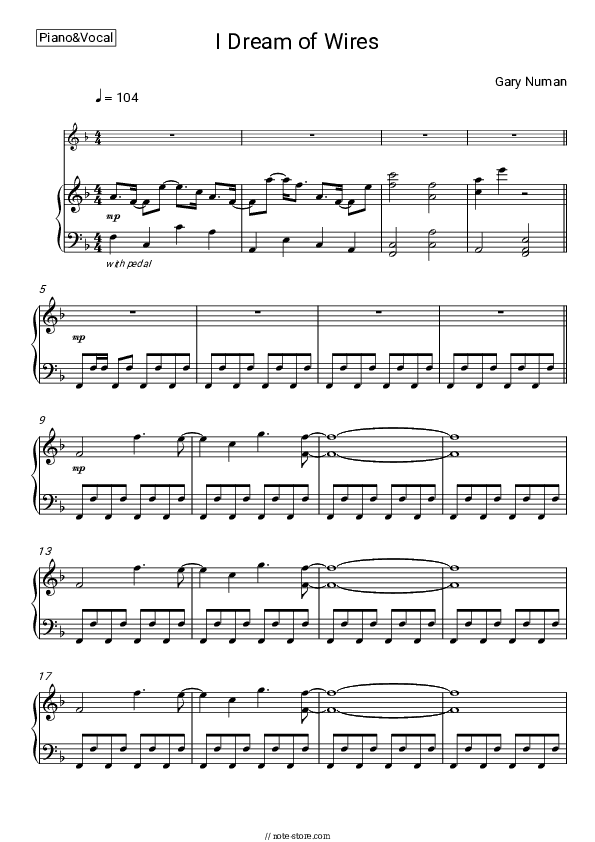 I Dream of Wires - Gary Numan Piano Sheet Music with the Voice part - Piano&Vocal