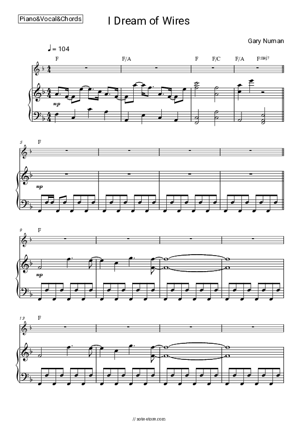 I Dream of Wires - Gary Numan Piano Sheet Music with the Vocal and Chords - Piano&Vocal&Chords