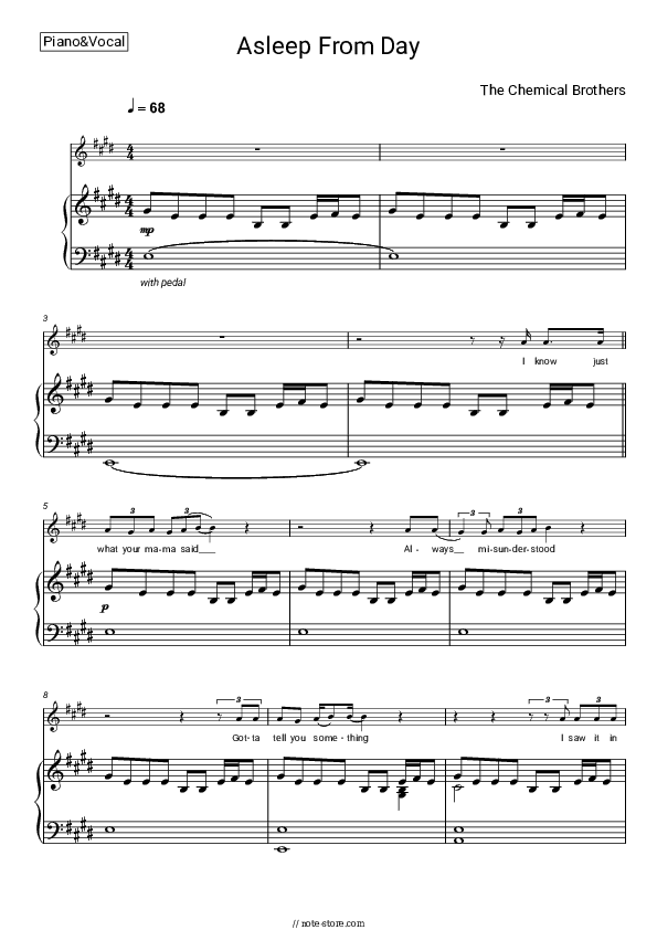 Asleep from Day - The Chemical Brothers Piano Sheet Music with the Voice part - Piano&Vocal