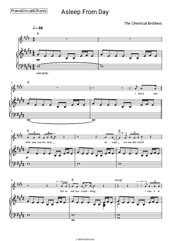Asleep from Day - The Chemical Brothers Piano Sheet Music with the Vocal and Chords - Piano&Vocal&Chords
