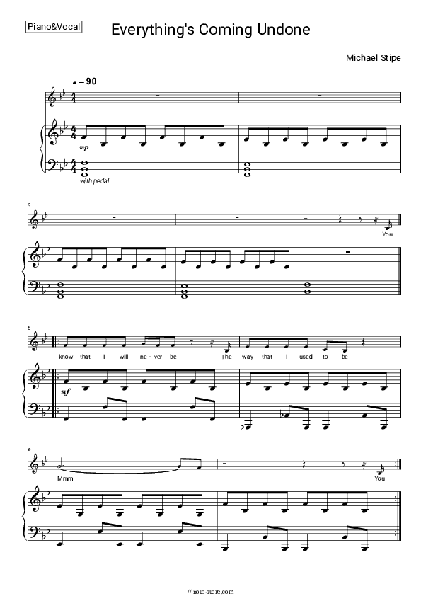 Everything's Coming Undone - Michael Stipe Piano Sheet Music with the Voice part - Piano&Vocal