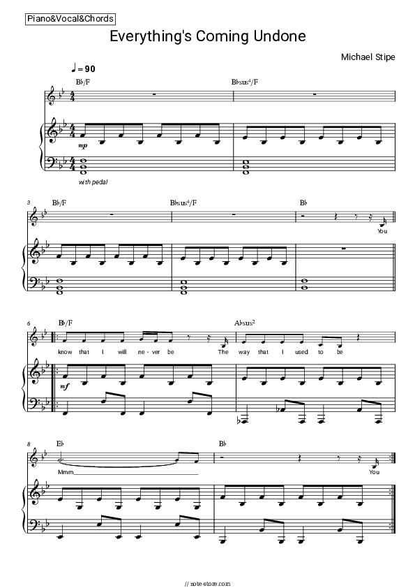 Everything's Coming Undone - Michael Stipe Piano Sheet Music with the Vocal and Chords - Piano&Vocal&Chords