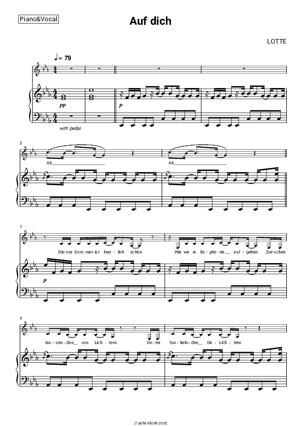 Auf dich - LOTTE Piano Sheet Music with the Voice part - Piano&Vocal