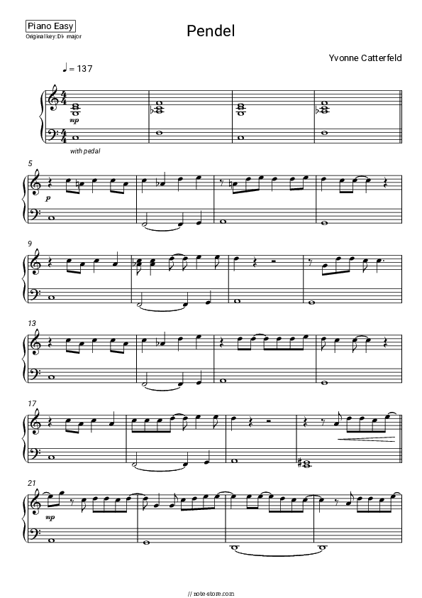 Pendel - Yvonne Catterfeld Piano Sheet Music Easy - Piano.Easy