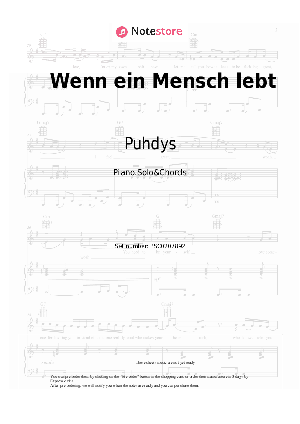 Wenn ein Mensch lebt - Puhdys Piano Sheet Music and Chords - Piano.Solo&Chords