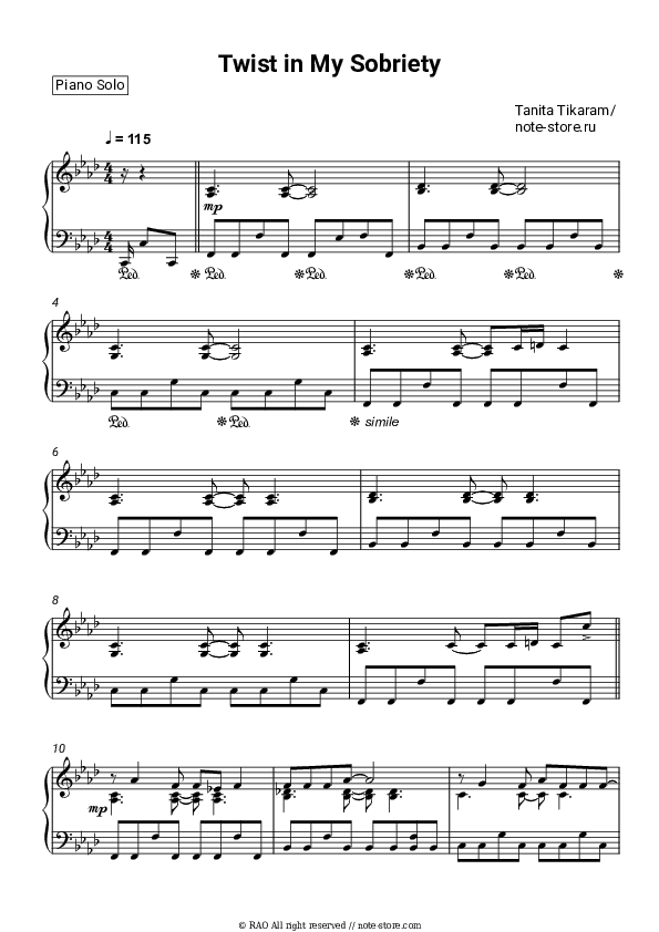 Twist In My Sobriety - Tanita Tikaram Piano Sheet Music - Piano.Solo