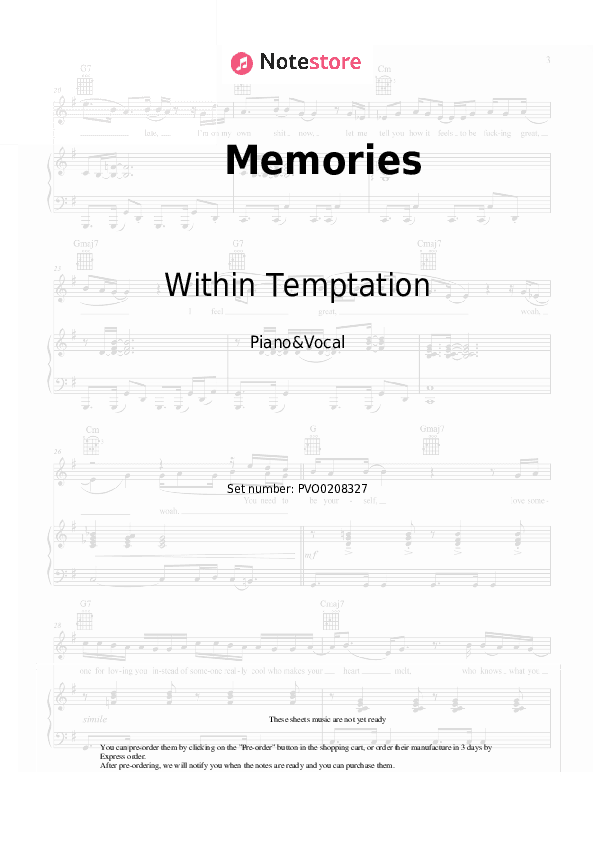 Memories - Within Temptation Piano Sheet Music with the Voice part - Piano&Vocal