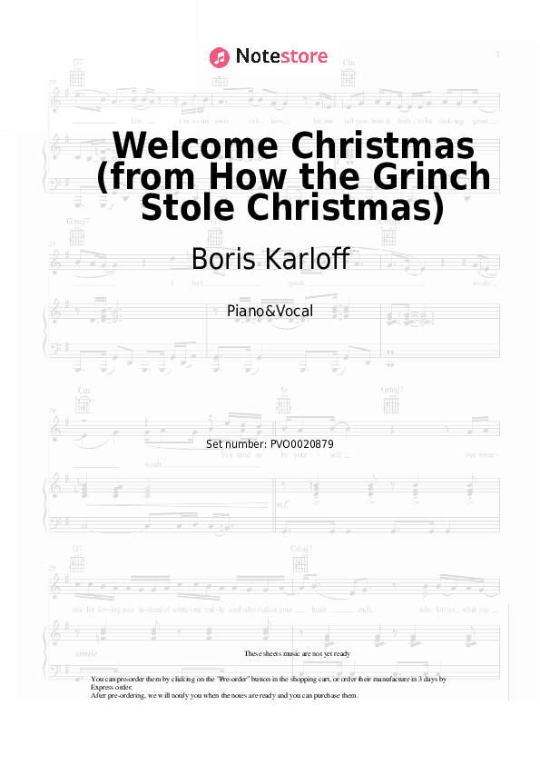 Welcome Christmas (from How the Grinch Stole Christmas) - Boris Karloff Piano Sheet Music with the Voice part - Piano&Vocal