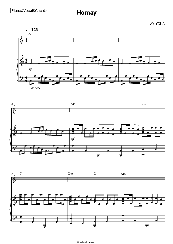 Homay - AY YOLA Piano Sheet Music with the Vocal and Chords - Piano&Vocal&Chords