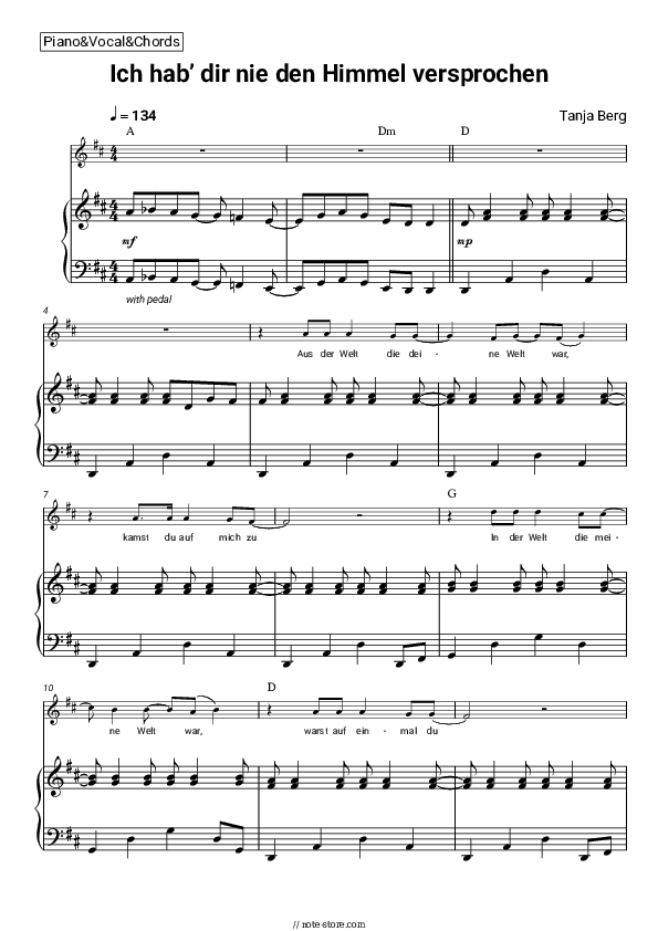 Ich hab’ dir nie den Himmel versprochen - Tanja Berg Piano Sheet Music with the Vocal and Chords - Piano&Vocal&Chords