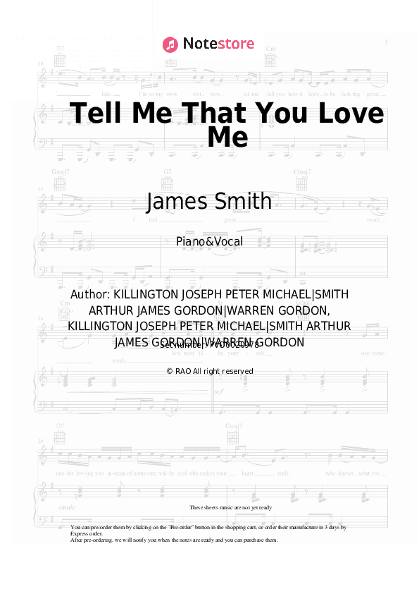 Tell Me That You Love Me - James Smith Piano Sheet Music with the Voice part - Piano&Vocal