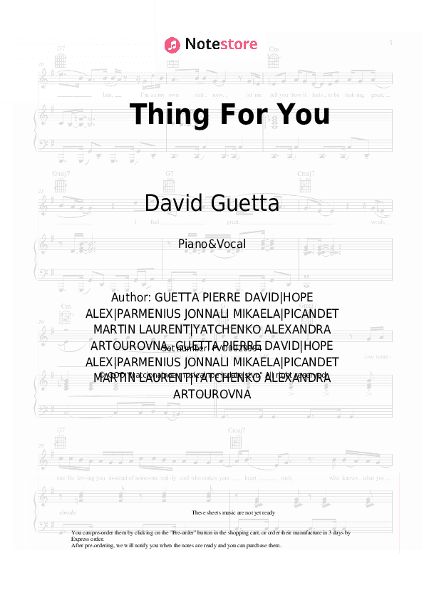 Thing For You - David Guetta, Martin Solveig Piano Sheet Music with the Voice part - Piano&Vocal