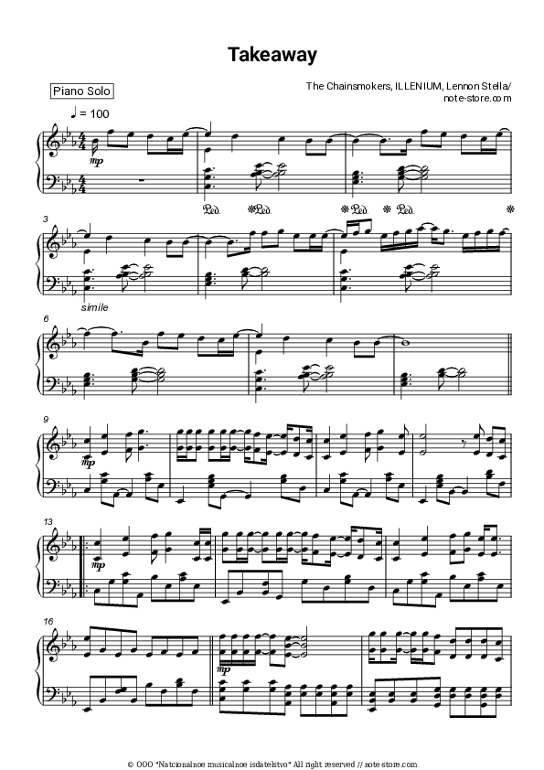 Takeaway - The Chainsmokers, Illenium, Lennon Stella Piano Sheet Music - Piano.Solo