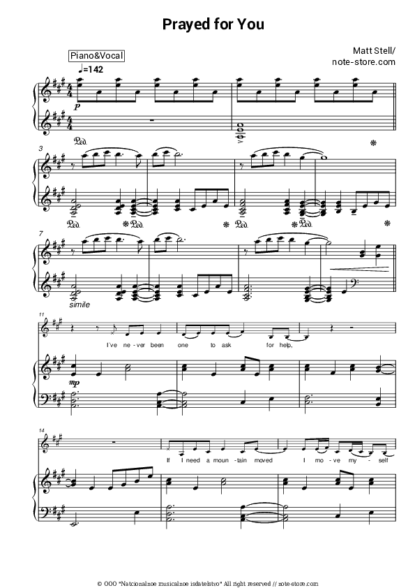 Prayed for You - Matt Stell Piano Sheet Music with the Voice part - Piano&Vocal