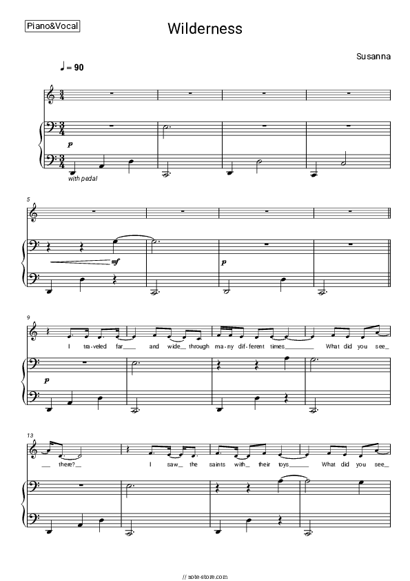 Wilderness - Susanna Piano Sheet Music with the Voice part - Piano&Vocal