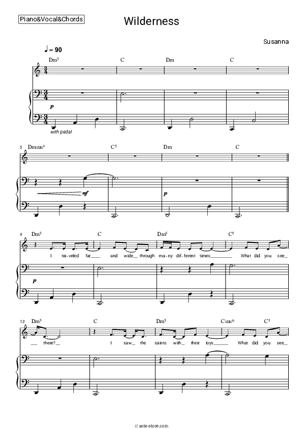 Wilderness - Susanna Piano Sheet Music with the Vocal and Chords - Piano&Vocal&Chords