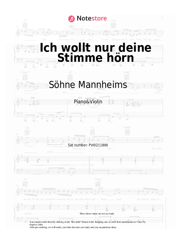 Ich wollt nur deine Stimme hörn - Söhne Mannheims Piano Sheet Music and Violin - Piano&Violin