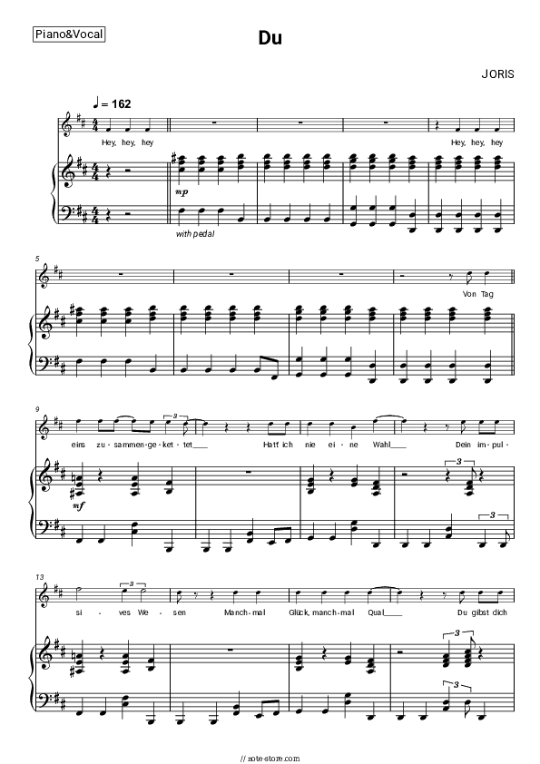 Du - JORIS Piano Sheet Music with the Voice part - Piano&Vocal