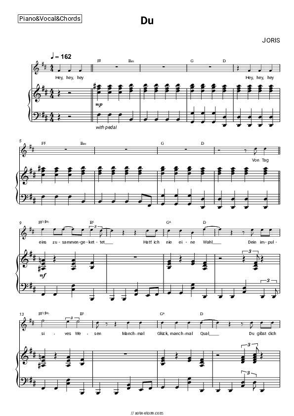 Du - JORIS Piano Sheet Music with the Vocal and Chords - Piano&Vocal&Chords