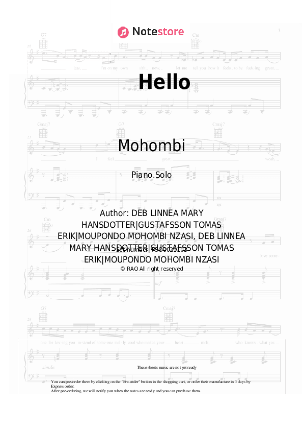 Hello - Mohombi Piano Sheet Music - Piano.Solo