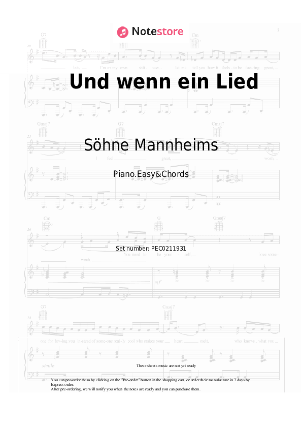 Und wenn ein Lied - Söhne Mannheims Sheet Music Easy and Chords - Piano.Easy&Chords