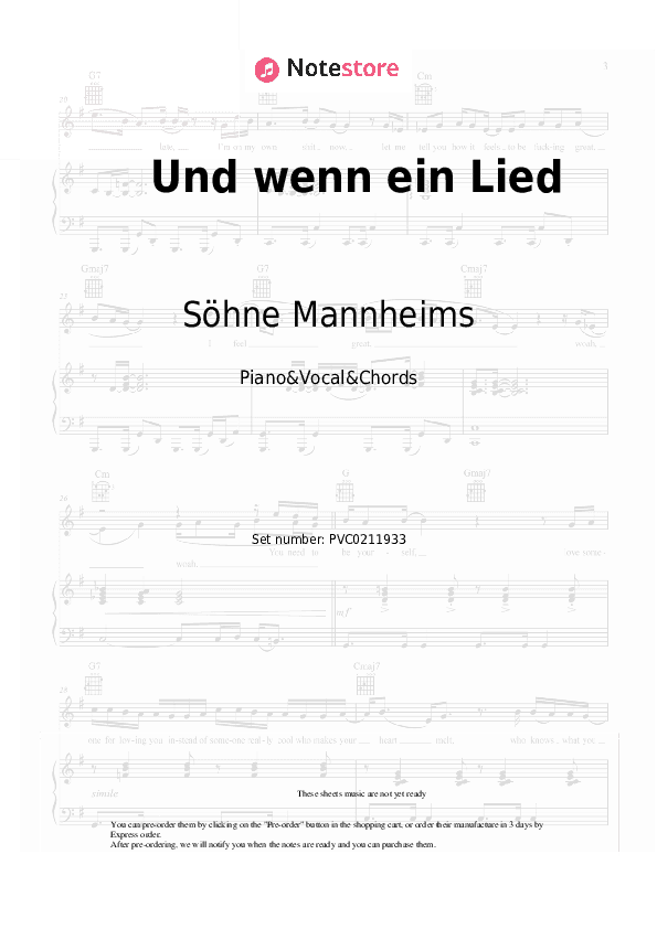 Und wenn ein Lied - Söhne Mannheims Piano Sheet Music with the Vocal and Chords - Piano&Vocal&Chords