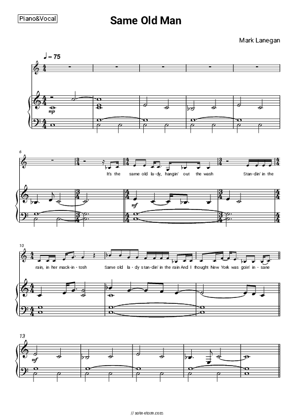 Same Old Man - Mark Lanegan Piano Sheet Music with the Voice part - Piano&Vocal