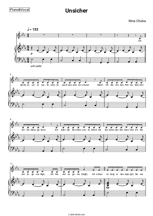 Unsicher - Nina Chuba Piano Sheet Music with the Voice part - Piano&Vocal