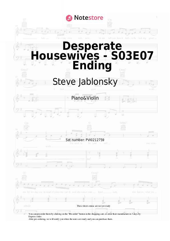 Desperate Housewives - S03E07 Ending - Steve Jablonsky Piano Sheet Music and Violin - Piano&Violin