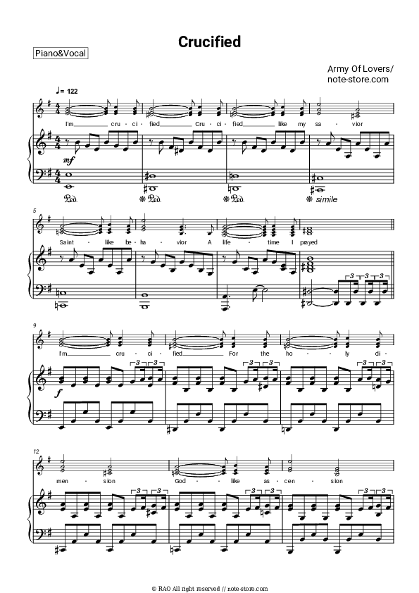 Crucified - Army Of Lovers Piano Sheet Music with the Voice part - Piano&Vocal