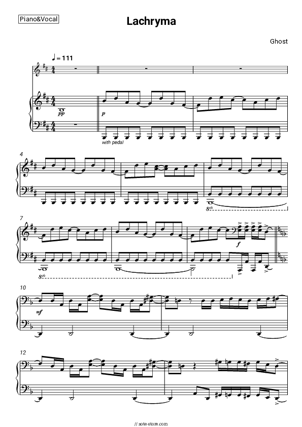 Lachryma - Ghost Piano Sheet Music with the Voice part - Piano&Vocal