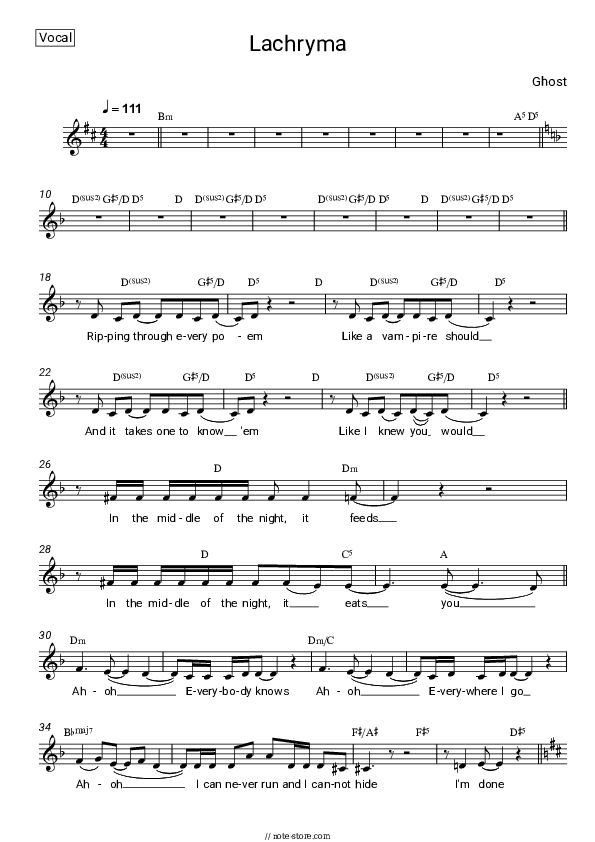 Lachryma - Ghost Vocal Sheet Music - Vocal