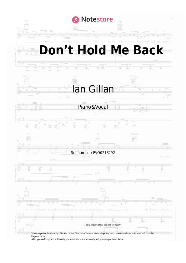 Don’t Hold Me Back - Ian Gillan Piano Sheet Music with the Voice part - Piano&Vocal